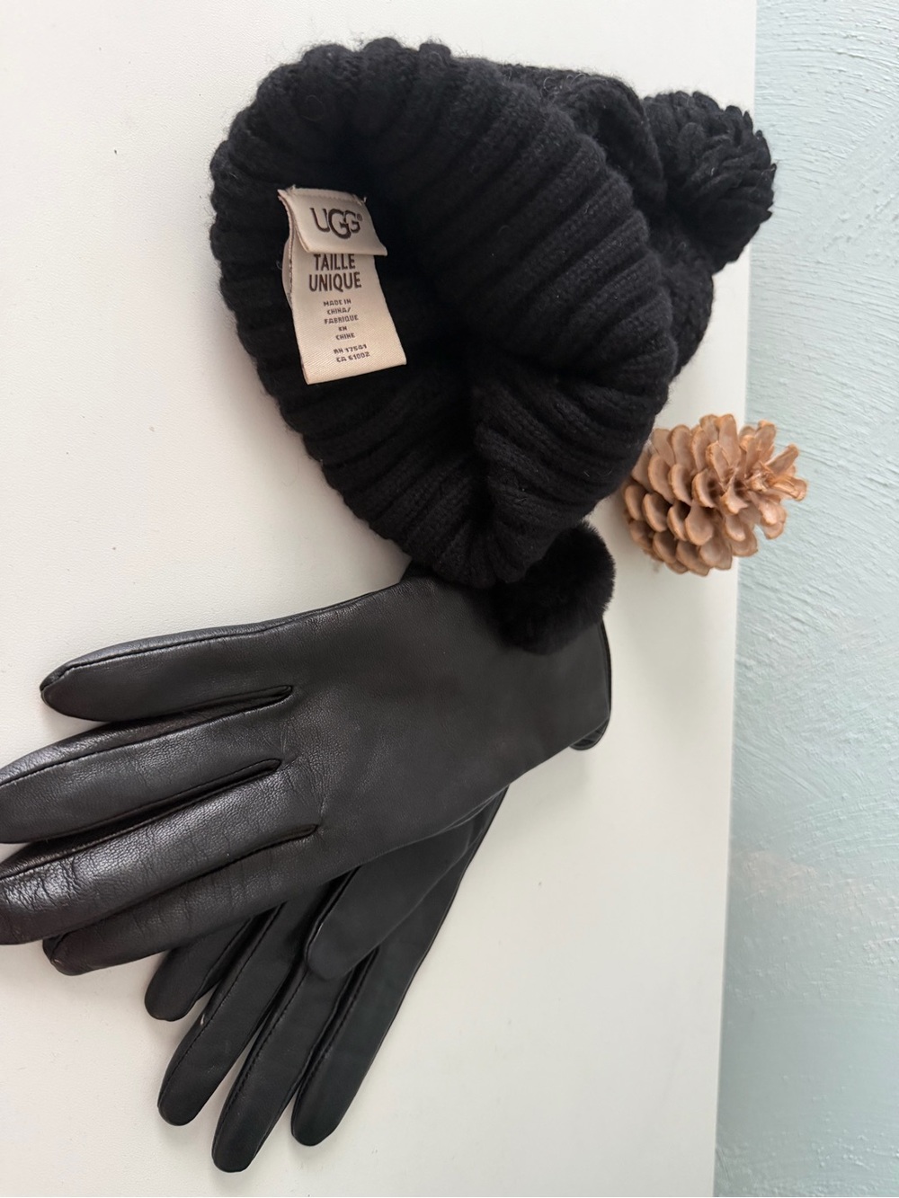 UGG Black Ribbed Knit Pom Beanie with Black Leather Gloves